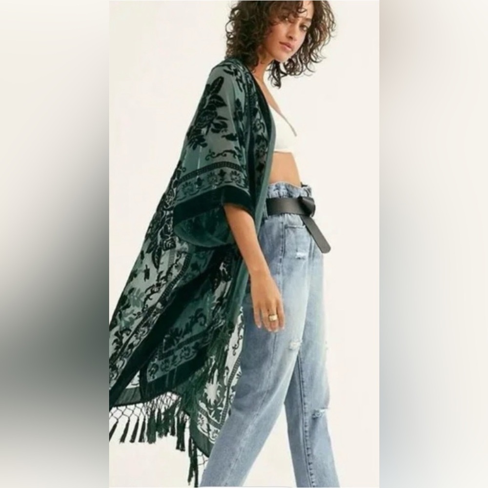 NWT * Free People Nightbird Burnout Kimono with Fringes